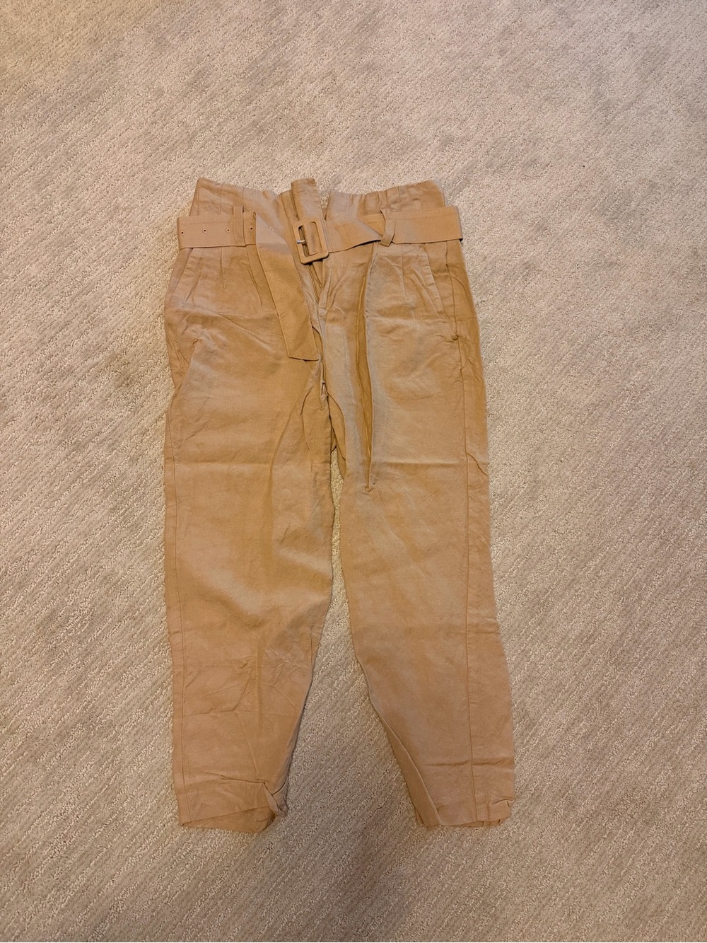 A New Day Linen Tan Paperbag Waist Pants with Belt